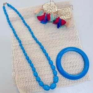 Vintage Fashion Jewelry Bundle Blue Beaded Necklace, Bangle & Tassel Earrings